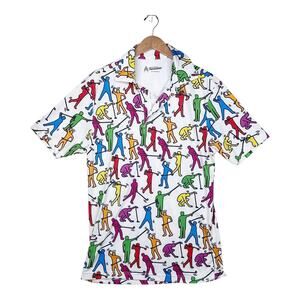 Royal & Awesome Polo Shirt Mens Medium White Multicolor Golf Print Performance